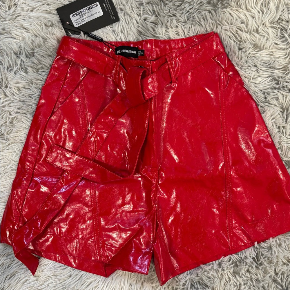 PrettyLittleThing Shiny Red Vinyl Belted Shorts